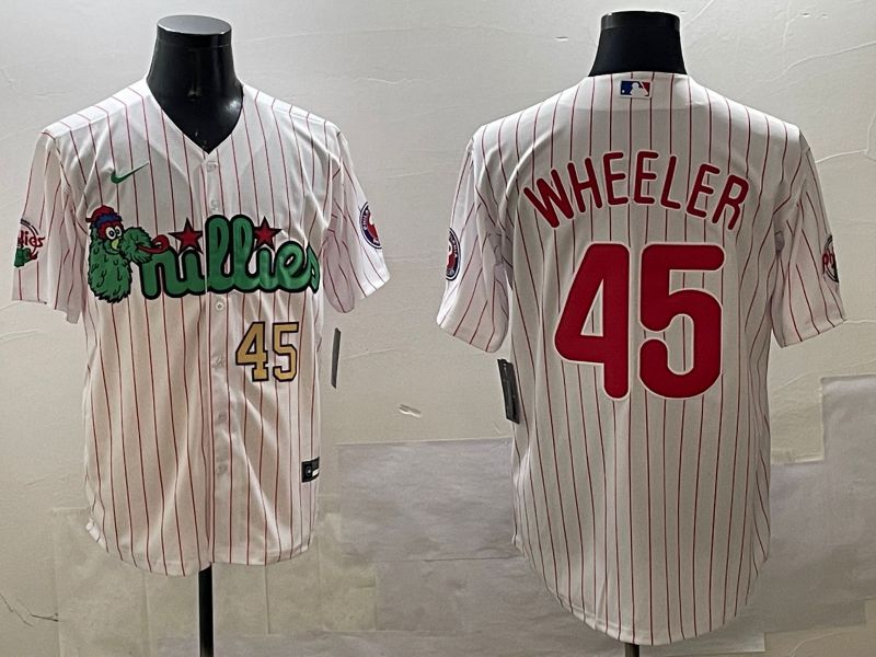 Men Philadelphia Phillies #45 Wheeler White Stripe Three generations Joint Name Game 2025 Nike MLB Jersey style 2